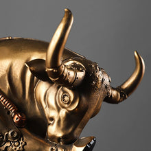 Load image into Gallery viewer, Futurox bull sculpture by Allthingscurated is the embodiment of steampunk aesthetics and futuristic mechanics. This exquisite masterpiece combines the grace and strength of a bull with the intricate beauty of gears. Standing at a height of 13.5cm or 5.3 inches, with length of 22.5cm or 8.8 inches and depth of 10.5cm or 4.1 inches. Its captivating presence will effortlessly elevate any space. Comes in gold and silver.