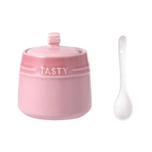 Load image into Gallery viewer, Gradient Colored Seasonings Jar by Allthingscurated come equipped with spoons for convenient access to their contents during cooking and dining. Made from high-quality porcelain, their vibrant colors in gradient tones and stylish design will add a pop of color to your kitchen or dining table, while keeping your herbs, spices and seasonings neatly stored and organized. 8 tasty colors to choose from. Featured here is jar in pink.