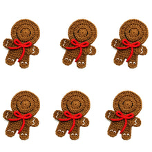 Load image into Gallery viewer, This is a set of 6 crochet coasters in red, white and brown Gingerbread Man design.
