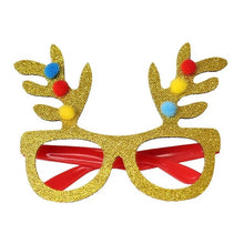 Load image into Gallery viewer, These Christmas Party Glasses by Allthingscurated are the perfect fun accessory for festive parties and gatherings during the holiday season. Their unique design and cheerful holiday style make them great props for creating memorable moments an happy Instagram posts to capture the joy of the season. Featured here is Gold Pom Pom Antler design.