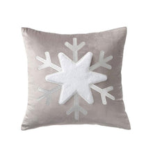 Load image into Gallery viewer, Christmas Snowflake Velvet Cushion Cover by Allthingscurated is designed with a single snowflake for a minimalistic look. The fabric feels velvety and the embroidered snowflake give the cushion an overall luxurious look. Comes in 3 colors. Featured here is white snowflake on grey cover.