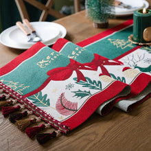 Load image into Gallery viewer, Holiday Bow and Elk Table Runners by Allthingscurated are inspired by all the notable symbols of Christmas like the merry bow, Christmas tree, elk and snowflakes. The jacquard table runners come in vibrant hues of blue and green with beautiful embroidery and complete with pretty tassels. Available in 9 sizes. They are perfect holiday decoration to bring a festive touch to. Your table setting.
