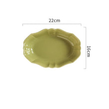 Load image into Gallery viewer, French Style Ruffle Edge Dish by Allthingscurated are oval shallow serving dishes featuring a ruffle edge with curved rims. Come in 3 colors of white, green and brown and in 2 sizes.  This is a large green dish measuring 22cm or 8.6 inches wide and 16cm or 6 inches in height.