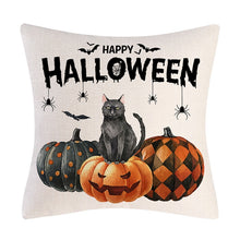 Load image into Gallery viewer, Halloween Ghost and Cat Cushion Cover collection by Allthingscurated is available in 6 unique prints and 4 different sizes. Add them to your sofa and see them transform your cozy space for the Halloween season in an instant. Shown here is the black cat sitting atop 3 pumpkins with happy halloween greeting design.