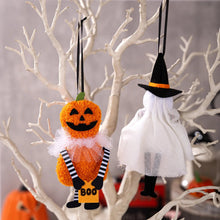Load image into Gallery viewer, Halloween-themed decorations including a pumpkin and ghost ornament on a branch. These adorable Halloween Decorative Hangings Dolls by Allthingscurated spark joy and give your Holiday decor a fun and eerie vibe.