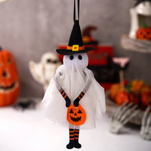 Load image into Gallery viewer, Halloween-themed decoration with ghost figure, pumpkin, and witch hat on a festive background. These adorable Halloween Decorative Hangings Dolls by Allthingscurated spark joy and give your Holiday decor a fun and eerie vibe.