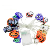 Load image into Gallery viewer, Halloween LED Party Lights by Allthingscurated featuring playful mummies, pumpkins, ghosts, skeletons and spiders add a fun and festive touch to your Halloween décor. The warm glow of the LEDs enhances the eerie ambiance, making your space perfect for Halloween celebrations and parties. Comes in 2 lengths and battery-powered.