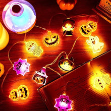 Load image into Gallery viewer, Halloween LED Party Lights by Allthingscurated featuring playful mummies, pumpkins, ghosts, skeletons and spiders add a fun and festive touch to your Halloween décor. The warm glow of the LEDs enhances the eerie ambiance, making your space perfect for Halloween celebrations and parties. Comes in 2 lengths and battery-powered.