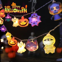 Load image into Gallery viewer, Halloween LED Party Lights by Allthingscurated featuring playful mummies, pumpkins, ghosts, skeletons and spiders add a fun and festive touch to your Halloween décor. The warm glow of the LEDs enhances the eerie ambiance, making your space perfect for Halloween celebrations and parties. Comes in 2 lengths and battery-powered.