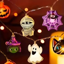 Load image into Gallery viewer, Halloween LED Party Lights by Allthingscurated featuring playful mummies, pumpkins, ghosts, skeletons and spiders add a fun and festive touch to your Halloween décor. The warm glow of the LEDs enhances the eerie ambiance, making your space perfect for Halloween celebrations and parties. Comes in 2 lengths and battery-powered.