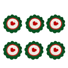 Load image into Gallery viewer, This is a set of 6 crochet coasters in green, white, red Heart design with scallop edging.