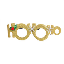 Load image into Gallery viewer, These Christmas Party Glasses by Allthingscurated are the perfect fun accessory for festive parties and gatherings during the holiday season. Their unique design and cheerful holiday style make them great props for creating memorable moments an happy Instagram posts to capture the joy of the season. Featured here is Gold Ho Ho design.