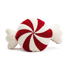 Load image into Gallery viewer, Holiday Pillows and Covers collection by Allthingscurated comes in an array of decorative pillows and covers in festive colors of red, white, beige and fun shapes. These include pillows in the shape of a heart, candy cane and peppermint. Sewn of luxurious fabric with a soft touch and in tufted playful designs. Pillows are available in varying sizes according to design and square pillow covers measure 45 by 45cm or 17.6 by 17.6 inches. This is a peppermint hug pillow in red and white.