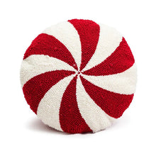 Load image into Gallery viewer, Holiday Pillows and Covers collection by Allthingscurated comes in an array of decorative pillows and covers in festive colors of red, white, beige and fun shapes. These include pillows in the shape of a heart, candy cane and peppermint. Sewn of luxurious fabric with a soft touch and in tufted playful designs. Pillows are available in varying sizes according to design and square pillow covers measure 45 by 45cm or 17.6 by 17.6 inches. This is a round peppermint pillow in red and white.