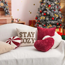 Load image into Gallery viewer, Holiday Pillows and Covers collection by Allthingscurated comes in an array of decorative pillows and covers in festive colors of red, white, beige and fun shapes. These include pillows in the shape of a heart, candy cane and peppermint. Sewn of luxurious fabric with a soft touch and in tufted playful designs. Pillows are available in varying sizes according to design and square pillow covers measure 45 by 45cm or 17.6 by 17.6 inches.