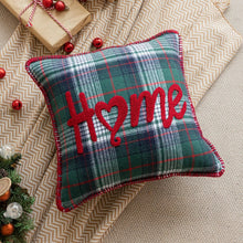 Load image into Gallery viewer, Tartan Christmas Cushion Covers by Allthingscurated spots classic tartan print with embroidered snowflake, jingle bell and holiday greetings. Timeless and stylish, these covers are easy to mix and match with other solid-colored or festive pillows. They are perfect for creating a festive ensemble for your sofa or favorite couch to experience the magic of the holiday season. Featured here is Home Design in Green and Red tartan.