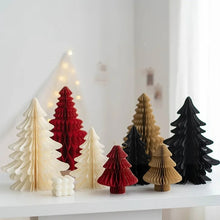 Load image into Gallery viewer, Honeycomb Christmas Trees by Allthingscurated featured a set of 2 sculptural trees expertly crafted with paper to bring a pretty and festive touch to your Yuletide decorations. These delightful paper decorations are simple to assemble and store away, making them reusable year after year. Comes in 2 styles and 4 color groupings of Red, Brown, White and Black. Each set consists of a small and large tree.