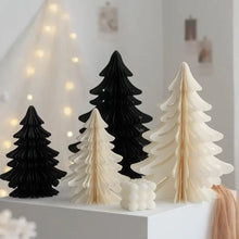 Load image into Gallery viewer, Honeycomb Christmas Trees by Allthingscurated featured a set of 2 sculptural trees expertly crafted with paper to bring a pretty and festive touch to your Yuletide decorations. These delightful paper decorations are simple to assemble and store away, making them reusable year after year. Comes in 2 styles and 4 color groupings of Red, Brown, White and Black. Each set consists of a small and large tree.