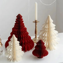 Load image into Gallery viewer, Honeycomb Christmas Trees by Allthingscurated featured a set of 2 sculptural trees expertly crafted with paper to bring a pretty and festive touch to your Yuletide decorations. These delightful paper decorations are simple to assemble and store away, making them reusable year after year. Comes in 2 styles and 4 color groupings of Red, Brown, White and Black. Each set consists of a small and large tree.