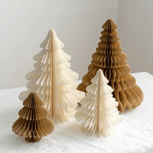 Load image into Gallery viewer, Honeycomb Christmas Trees by Allthingscurated featured a set of 2 sculptural trees expertly crafted with paper to bring a pretty and festive touch to your Yuletide decorations. These delightful paper decorations are simple to assemble and store away, making them reusable year after year. Comes in 2 styles and 4 color groupings of Red, Brown, White and Black. Each set consists of a small and large tree.