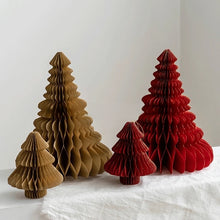 Load image into Gallery viewer, Honeycomb Christmas Trees by Allthingscurated featured a set of 2 sculptural trees expertly crafted with paper to bring a pretty and festive touch to your Yuletide decorations. These delightful paper decorations are simple to assemble and store away, making them reusable year after year. Comes in 2 styles and 4 color groupings of Red, Brown, White and Black. Each set consists of a small and large tree.