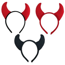 Load image into Gallery viewer, Horn Shape Headband by Allthingscurated features trendy, three-dimensional horns that is fun and perfect for elevating your Halloween party look. This accessory is perfect for adding a playful touch to your costume and make a statement at any Halloween party. Comes in 3 colors.