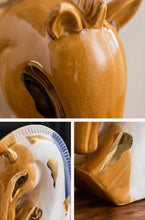 Load image into Gallery viewer, Collage of a ceramic horse figurine with details and gold accents on a white background. Jyunma Ceramic Horse by Allthingscurated is handmade artistry at its finest. It’s more than just decoration, it embodies auspiciousness and prosperity; represents steadfast loyalty and protective guardianship through time. Its elegance makes it a perfect gift for any horse enthusiasts or anyone born under the Chinese zodiac sign of the horse; and an exquisite addition to any contemporary home for its enduring appeal.