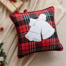 Load image into Gallery viewer, Tartan Christmas Cushion Covers by Allthingscurated spots classic tartan print with embroidered snowflake, jingle bell and holiday greetings. Timeless and stylish, these covers are easy to mix and match with other solid-colored or festive pillows. They are perfect for creating a festive ensemble for your sofa or favorite couch to experience the magic of the holiday season. Featured here is Jingle Bell design in Red and Black tartan.