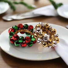 Load image into Gallery viewer, Jingle Bells Napkin Rings by Allthingscurated. Come as a set of 6 rings in color combos of red and green, or silver and gold, they are the perfect finishing touch for your holiday table setting. Spread the joy of Christmas and charm your guests with the cheerful bells.