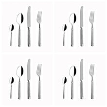 Load image into Gallery viewer, Julius Silver Stainless Steel Flatware Sets by Allthingscurated are crafted from high-quality 18/10 stainless steel. The weighty and solid construction provides a luxurious feel, while the Roman column handle design adds a touch of elegance. The mirror polished surface reflects a bright and shiny finish, adding a touch of sophistication to any table. Featured here is a place setting of 4 sets for 4 persons.