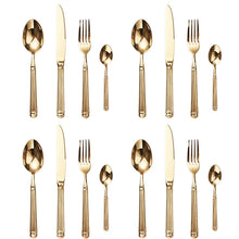 Load image into Gallery viewer, Julius Gold Stainless Steel Flatware Sets by Allthingscurated are crafted from high-quality 18/10 stainless steel. The weighty and solid construction provides a luxurious feel, while the Roman column handle design adds a touch of elegance. The mirror polished surface reflects a bright and shiny finish, adding a touch of sophistication to any table. Featured is place setting for 4 sets and 4 persons.