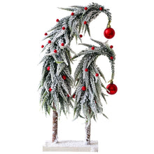 Load image into Gallery viewer, Snow Flocked Grinch Christmas Trees by Allthingscurated feature bending trees with a touch of quirkiness. The abstract design is both unconventional and whimsical. These snow-covered trees are decorated with crimson red baubles that will transform your home into a winter wonderland. Available in 2 sizes.