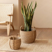 Load image into Gallery viewer, Leedon Woven Baskets by Allthingscurated are hand-woven from seagrass which is an eco-friendly material. The baskets feature sturdy handles for easy transportation and lend a rustic charm to any space. Perfect for storing household items or displaying your favorite plants. Available in 3 sizes.