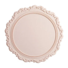Load image into Gallery viewer, Embossed Lace Round Silicone Placemat by Allthingscurated are expertly crafted from high-quality, food-grade silicone. Available in 7 trendy colors with an embossed lace pattern, this placemat adds texture and charm to your dining table, making your meals more presentable effortlessly stylish. Featured here is placemat in Light Pink.