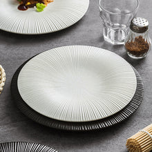 Load image into Gallery viewer, Line Textured Dinner Plates by Allthingscurated featured distinct bold lines that exude modernity and timelessness. Come in stylish black and white, they mix and match easily with your existing dinnerware and suitable for a wide range of occasions. Come in 2 sizes.