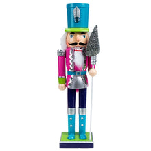 Load image into Gallery viewer, Neon Costume Nutcracker Soldiers by Allthingscurated. These Nutcracker figures sport a psychedelic look with electric shades of Neon Blue, Green and Pink which is a daring and bold twist from the usual classic-style Nutcracker design. Their eye-catching colors and design will create a show-stopping look for your Christmas decor, making it truly unforgettable. Featured here is the Neon Pink Soldier.