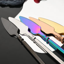 Load image into Gallery viewer, Neptune 4-piece Flatware Set by Allthingscurated beautifully blends mythical design with modern construction. Made from high-quality 18/10 stainless steel with a sleek mirror polishing for a modern look. Inspired by Poseidon’s Trident, the dinner fork is expertly shaped to resemble the 3-pronged spear. Unique and elegant, the place setting comes in silver, gold, rose gold, black and colorful rainbow and each set consists of a dinner spoon, dinner fork, dinner knife and a small spoon.