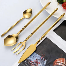 Load image into Gallery viewer, Neptune 4-piece Flatware Set by Allthingscurated beautifully blends mythical design with modern construction. Made from high-quality 18/10 stainless steel with a sleek mirror polishing for a modern look. Inspired by Poseidon’s Trident, the dinner fork is expertly shaped to resemble the 3-pronged spear. Unique and elegant, the place setting comes in silver, gold, rose gold, black and colorful rainbow and each set consists of a dinner spoon, dinner fork, dinner knife and a small spoon.