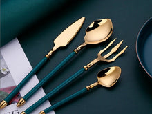 Load image into Gallery viewer, Neptune 4-piece Colored Handle Luxury Flatware Set by Allthingscurated beautifully blends mythical design with modern construction. Made from high-quality 18/10 stainless steel with a sleek mirror polishing for a modern look. Inspired by Poseidon’s Trident, the dinner fork is expertly shaped to resemble the 3-pronged spear. This place setting comes in Gold with either black, white, turquoise blue and green handle. Each set consists of a dinner spoon, dinner fork, dinner knife and a small spoon.