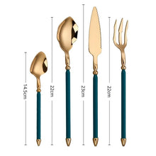Load image into Gallery viewer, Neptune 4-piece Colored Handle Luxury Flatware Set by Allthingscurated beautifully blends mythical design with modern construction. Made from high-quality 18/10 stainless steel with a sleek mirror polishing for a modern look. Inspired by Poseidon’s Trident, the dinner fork is expertly shaped to resemble the 3-pronged spear. The set consists of a dinner spoon, dinner fork, dinner knife and a small spoon.