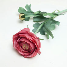 Load image into Gallery viewer, Silk Ranunculus by Allthingscurated are perfect for creating stunning table displays and wedding bouquets. Come in 4 beautiful colors, they add a touch of timelessness and beauty to every home. Refresh your living space effortlessly with these gorgeous florals that come in a pack of 4 stalks. Seen here is blossom in Peachy Red.