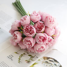 Load image into Gallery viewer, Silk Peony Bouquets by Allthingscurated are made of soft, realistic silk in 6 lovely colors to last through all seasons. Perfect for home décor or as a romantic wedding bouquet. Featured here is the color Pink.