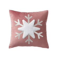 Load image into Gallery viewer, Christmas Snowflake Velvet Cushion Cover by Allthingscurated is designed with a single snowflake for a minimalistic look. The fabric feels velvety and the embroidered snowflake give the cushion an overall luxurious look. Comes in 3 colors. Featured here is white snowflake on pink cover.