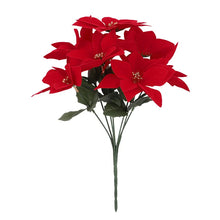 Load image into Gallery viewer, Bouquet of red flowers with green stems on a white background. Bring the true spirit of the holidays into your home with this bundle of 5 classic red Faux Poinsettia by Allthingscurated. These timeless blooms complement any festive palette and instantly evokes Christmas cheer.