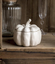 Load image into Gallery viewer, Lidded Stoneware Pumpkin Bowl by Allthingscurated features a sculptural pumpkin design.  It has a matte glaze finish in creamy white. Holds a capacity of 450mil or 15 ounce. Oozing with autumnal charm, it's the perfect serving bowl for all your thanksgiving, halloween and fall feasts.