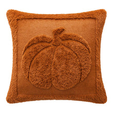 Load image into Gallery viewer, Brown textured pillow with a pumpkin design on a white background. Cozy living room with a sofa adorned with pumpkin-themed pillows and a yellow blanket. The Velour Pumpkin Cushion Cover by Allthingscurated is a beautiful way to bring the warmth of fall into your home. With its elegant tufted pumpkin design and soft velour fabric, it offers both comfort and style. Perfect for autumn and Thanksgiving, this decorative pillow adds a cozy, inviting touch to any space.