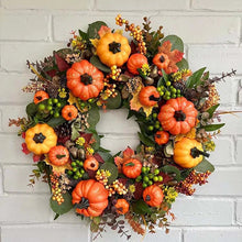 Load image into Gallery viewer, Pumpkin Harvest by Allthingscurated boasts a plentiful autumnal pumpkins and a vibrant fall color scheme. This classic holiday décor measures approximately 45cm or 17.6 inches in width and height. It’s the perfect home décor accessory to mark the beginning of a new season.