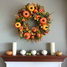 Load image into Gallery viewer, Pumpkin Harvest by Allthingscurated boasts a plentiful autumnal pumpkins and a vibrant fall color scheme. This classic holiday décor measures approximately 45cm or 17.6 inches in width and height. It’s the perfect home décor accessory to mark the beginning of a new season.