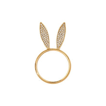 Load image into Gallery viewer, These sparkling Bunny Ear Napkin Rings (set of 6) by Allthingscurated add a cute and whimsical touch to your Easter table setting. Made of metal and encrusted with rhinestones, they come in gold, silver, and rose gold. Elevate your dining experience with these charming and sparkly napkin rings. Featured here is the Gold set.