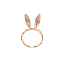 Load image into Gallery viewer, These sparkling Bunny Ear Napkin Rings (set of 6) by Allthingscurated add a cute and whimsical touch to your Easter table setting. Made of metal and encrusted with rhinestones, they come in gold, silver, and rose gold. Elevate your dining experience with these charming and sparkly napkin rings. Featured here is the Rose Gold set.